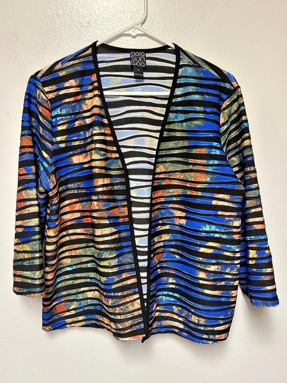 Ciara Sunwoo Abstract Striped Sheer Kimono in Blue & Black Large
